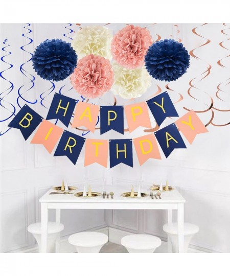 Navy Rose Gold Birthday Decorations with Birthday Banner Paper Flower Pom Poms Hanging Swirl for Women Girls Birthday Party S...