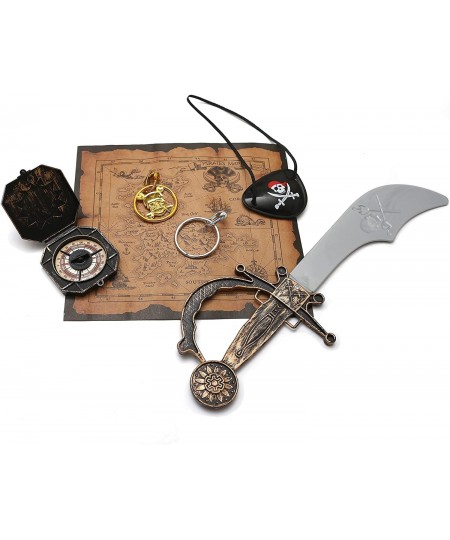 Pirate Role-Play Costume Set for kids with Pirate Sword Eye Patch Treasure Map Compass Gold Skull Earring and Silver Earring ...