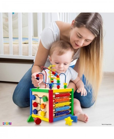 Wooden Activity Cube for Baby - 6 in-1 Baby Activity Play Cube with Bead Maze Shape Sorter Abacus Counting Beads Counting Num...