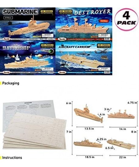 Bundle of Submarine Destroyer Battleship & Aircraft Carrier Wooden 3D Puzzles Construction Kits Educational DIY Naval Ships T...