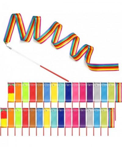 32 Pieces Dance Ribbons Rhythmic Gymnastics Rainbow Streamers Kids Artistic Baton Twirling Ribbons with Non-Slip Handle for D...