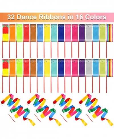 32 Pieces Dance Ribbons Rhythmic Gymnastics Rainbow Streamers Kids Artistic Baton Twirling Ribbons with Non-Slip Handle for D...