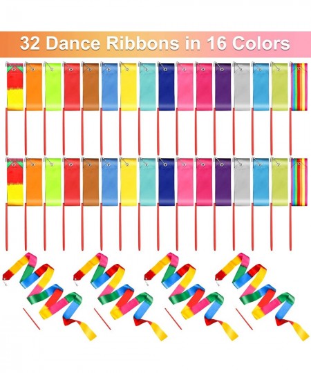 32 Pieces Dance Ribbons Rhythmic Gymnastics Rainbow Streamers Kids Artistic Baton Twirling Ribbons with Non-Slip Handle for D...