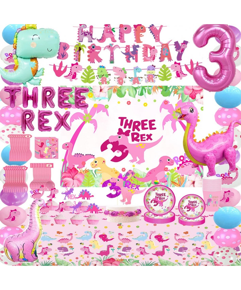 Pink Three Dino Rex Birthday Party Decorations Dinosaur 3rd Birthday Décorations Three inspired Rex Birthday Party Supplies i...