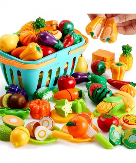 68Pcs Cutting Play Food Toy for Toddlers Kitchen Fake Food for Kids Play Kitchen Includes Plastic Fruit &Vegetables Storage B...