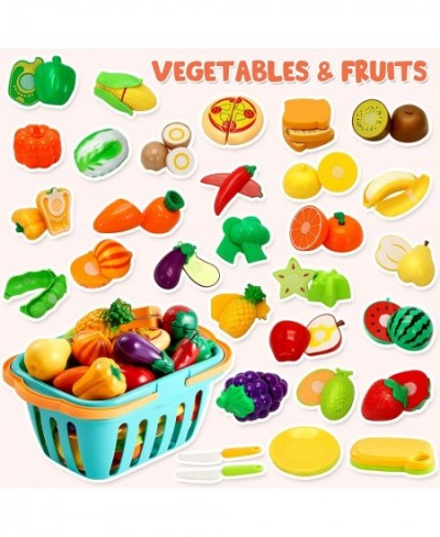 68Pcs Cutting Play Food Toy for Toddlers Kitchen Fake Food for Kids Play Kitchen Includes Plastic Fruit &Vegetables Storage B...