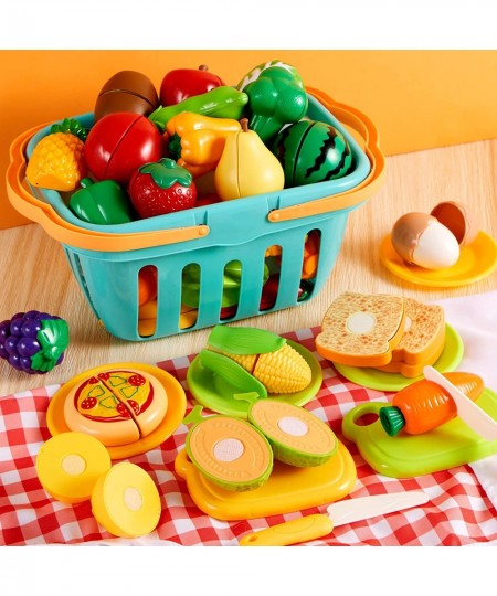 68Pcs Cutting Play Food Toy for Toddlers Kitchen Fake Food for Kids Play Kitchen Includes Plastic Fruit &Vegetables Storage B...