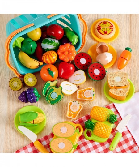 68Pcs Cutting Play Food Toy for Toddlers Kitchen Fake Food for Kids Play Kitchen Includes Plastic Fruit &Vegetables Storage B...