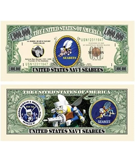 US Navy Seabees Million Dollar Bills - Pack of 10 - Fun Gift Or Keepsake for Members of The US Navy Construction Battalion $1...