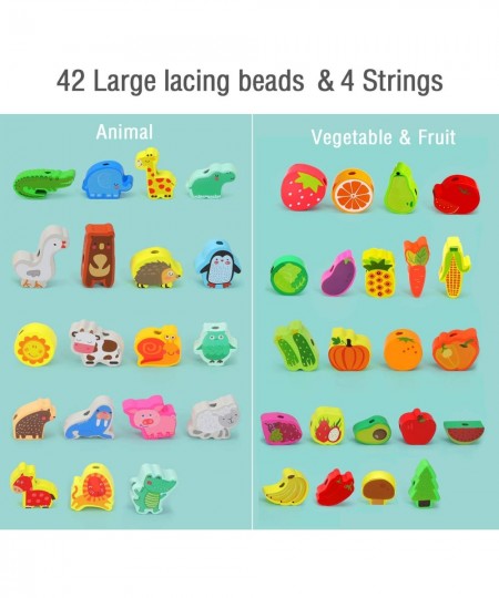 Montessori Educational Wooden Lacing Beads Toys for Toddler 3 4 5 Year Old Farm Animals Fruits Vegetables Threading Toys Pres...