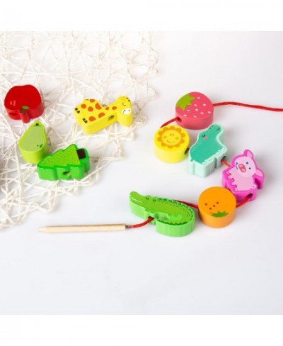 Montessori Educational Wooden Lacing Beads Toys for Toddler 3 4 5 Year Old Farm Animals Fruits Vegetables Threading Toys Pres...