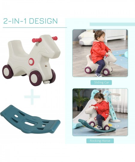 Kids 2 in 1 Rocking Horse & Sliding Car for Indoor & Outdoor Use w/ Detachable Base Wheels Smooth Materials Grey and Green $1...