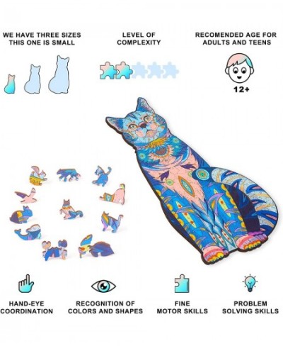 Wooden Puzzles for Adults Wooden Blue Cat Jigsaw Puzzles with Animal Shaped Pieces Unique Wood Cat Shape Puzzle for All Ages ...