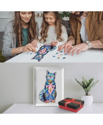 Wooden Puzzles for Adults Wooden Blue Cat Jigsaw Puzzles with Animal Shaped Pieces Unique Wood Cat Shape Puzzle for All Ages ...