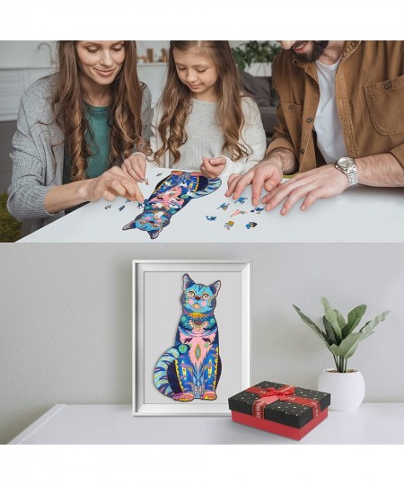 Wooden Puzzles for Adults Wooden Blue Cat Jigsaw Puzzles with Animal Shaped Pieces Unique Wood Cat Shape Puzzle for All Ages ...