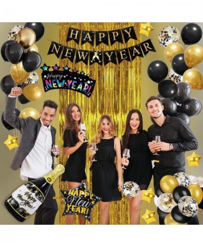 New Years Eve Party Supplies 2023 Black and Gold Happy New Year Decorations 2023 with Happy New Year Banner New Year Balloons...