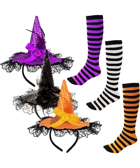 3PCS Halloween Witch Hat Headband with 3Pairs High Thigh Socks Knee Long Striped Socks for Halloween Party Favor Cosplay Cost...