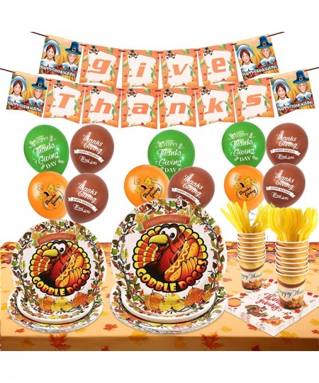 Thanksgiving Fall Tableware Decorations Autumn Pumpkin Maple Leaves Dinnerware Kit Thanksgiving Banners Napkins Plates Cups B...