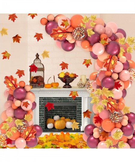 235PCS Thanksgiving Balloon Garland Kit Fall Balloons Arch with Burgundy Red Orange Balloons and Artificial Maple Leaves for ...