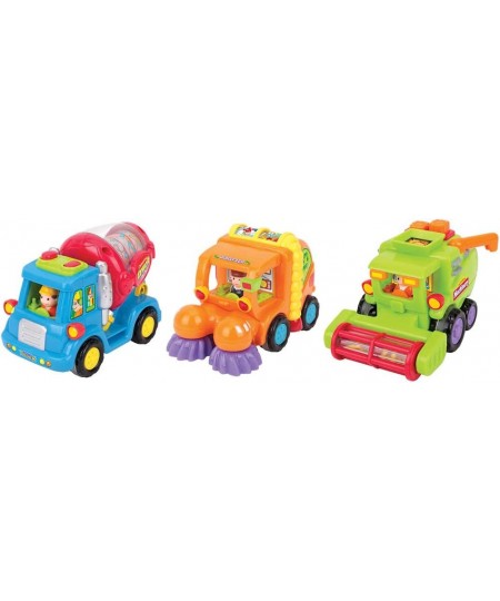 Friction Toy 3 Vehicle Set for Toddlers - Push and Go Toys for Boys & Girls - Cement Mixer Truck / Street Sweeper / Harvester...