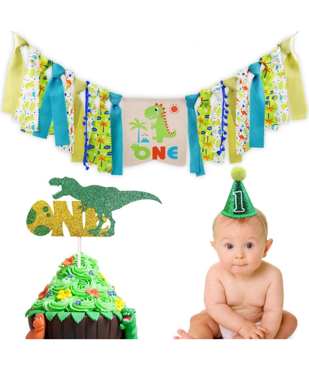 Dinosaur Theme 1st Birthday Decorations Kit Set of 3- One Burlap High Chair Banner- Baby Dino Cake Smash Party Supplies- Glit...