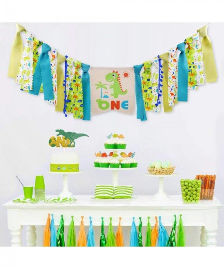 Dinosaur Theme 1st Birthday Decorations Kit Set of 3- One Burlap High Chair Banner- Baby Dino Cake Smash Party Supplies- Glit...