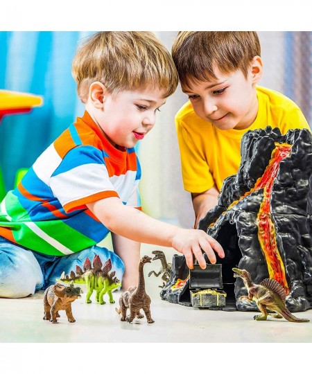 Lava Painted Volcano House with Hidden Door and 5 Dinosaur Figures with Treasure Box Dinosaur Toys for Kids $28.26 - Play Fig...