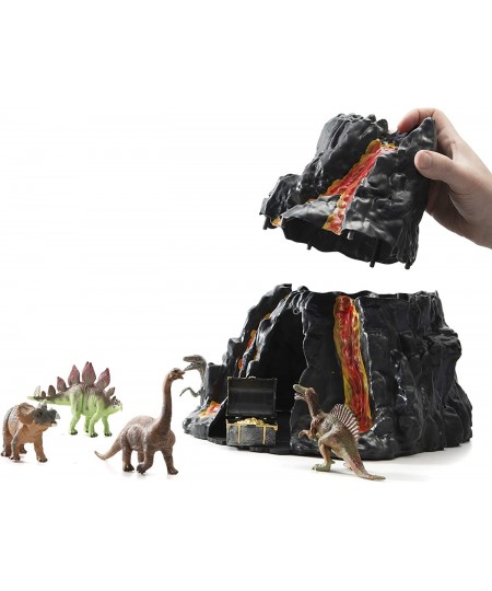 Lava Painted Volcano House with Hidden Door and 5 Dinosaur Figures with Treasure Box Dinosaur Toys for Kids $28.26 - Play Fig...