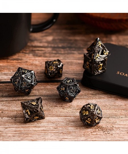 Metal DND Dice Set - Premium Hollow Black and Gold Dragon Metal Dice for Role Playing Games (RPG) - Polyhedral Dice Set for D...