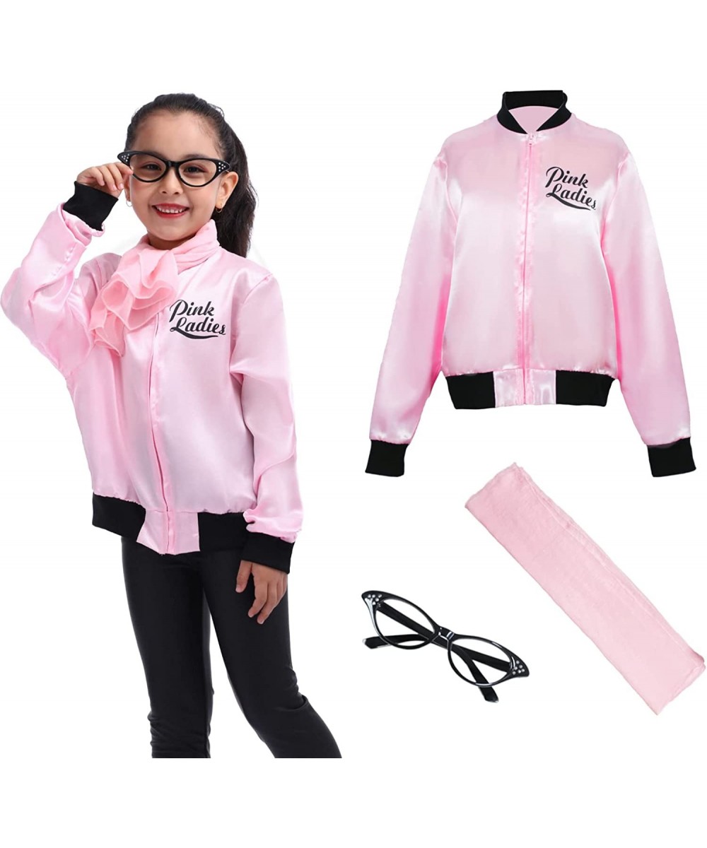 1950s Girls Party Pink Ladies Jacket Grease Costume with Chiffon Pink Neck Scarfs and Black Cat Eye Glasses $37.58 - Kids' Co...