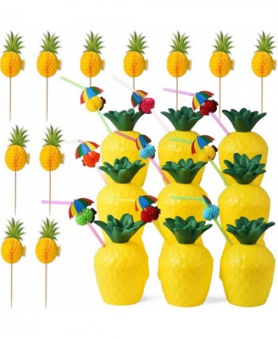 12 Pineapple Cups with 12 Umbrella Straws and 12 Cocktail Drink Picks Hawaiian Luau Tiki and Beach Party Decorations for Kids...