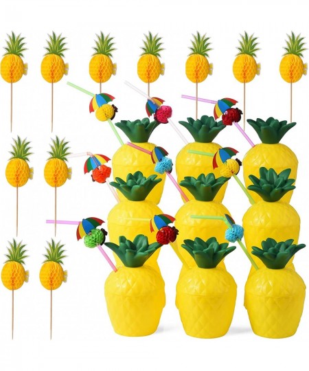 12 Pineapple Cups with 12 Umbrella Straws and 12 Cocktail Drink Picks Hawaiian Luau Tiki and Beach Party Decorations for Kids...