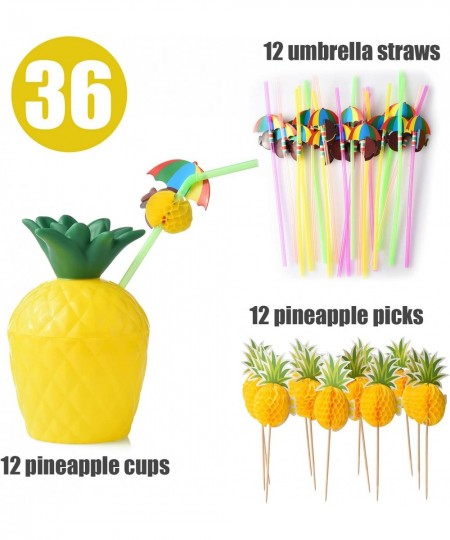 12 Pineapple Cups with 12 Umbrella Straws and 12 Cocktail Drink Picks Hawaiian Luau Tiki and Beach Party Decorations for Kids...