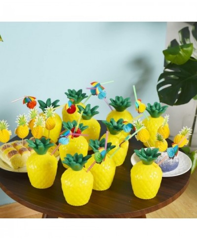 12 Pineapple Cups with 12 Umbrella Straws and 12 Cocktail Drink Picks Hawaiian Luau Tiki and Beach Party Decorations for Kids...