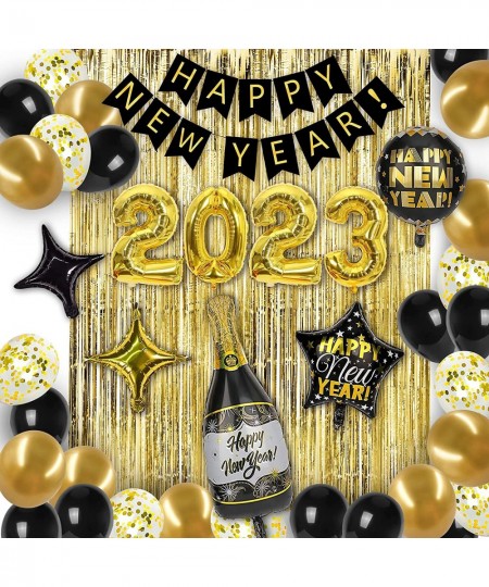 New Years Eve Party Supplies Happy New Year Decorations 2023 Black and Gold Happy New Year Decorations Kit - 2023 Foil Balloo...