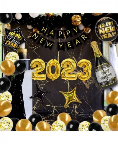 New Years Eve Party Supplies Happy New Year Decorations 2023 Black and Gold Happy New Year Decorations Kit - 2023 Foil Balloo...