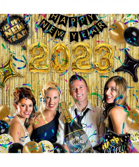 New Years Eve Party Supplies Happy New Year Decorations 2023 Black and Gold Happy New Year Decorations Kit - 2023 Foil Balloo...