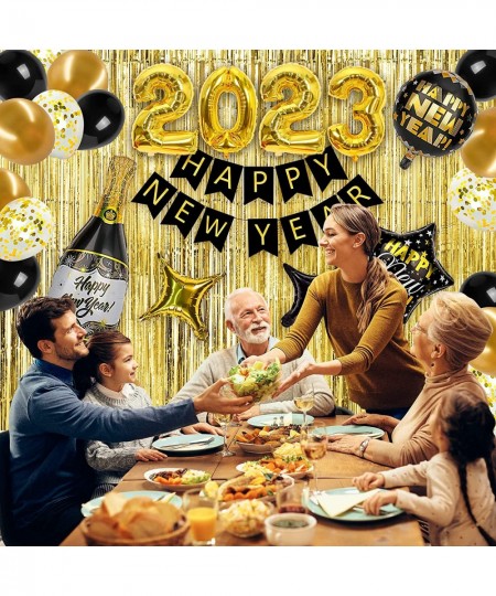 New Years Eve Party Supplies Happy New Year Decorations 2023 Black and Gold Happy New Year Decorations Kit - 2023 Foil Balloo...