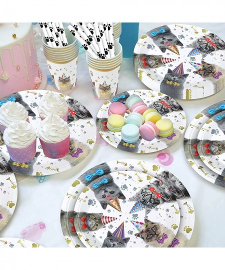 Cat Party Supplies Cat Theme Tableware Kit Including Plates Cups Straws Napkins for Cat Kids Birthday Baby Shower Decor - Ser...