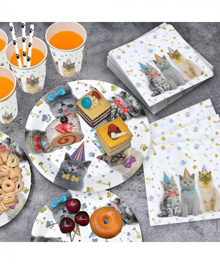 Cat Party Supplies Cat Theme Tableware Kit Including Plates Cups Straws Napkins for Cat Kids Birthday Baby Shower Decor - Ser...