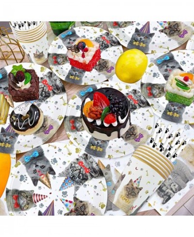 Cat Party Supplies Cat Theme Tableware Kit Including Plates Cups Straws Napkins for Cat Kids Birthday Baby Shower Decor - Ser...