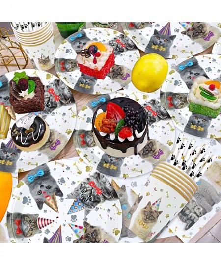 Cat Party Supplies Cat Theme Tableware Kit Including Plates Cups Straws Napkins for Cat Kids Birthday Baby Shower Decor - Ser...