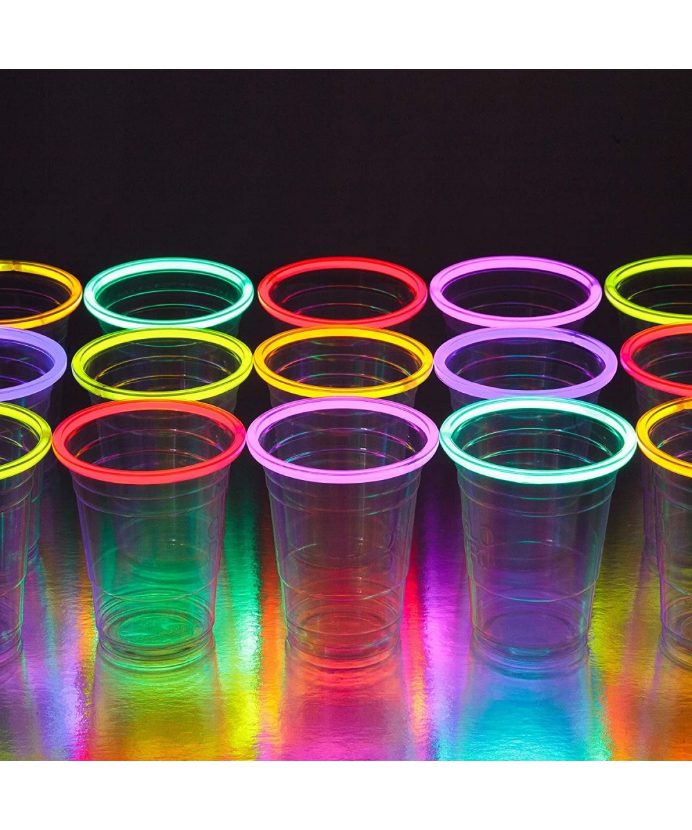 GLOWING PARTY CUPS 16 oz Plastic Clear Disposable Glow Stick Cup Neon Colors Kids Birthday Multi Color Sticks Light Up Glows ...