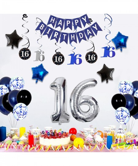 16th Birthday Decorations for Boys and Girls Dark Blue HAPPY BIRTHDAY Banner Silver Number 16 Balloons Deep Blue Theme Party ...