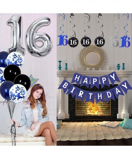 16th Birthday Decorations for Boys and Girls Dark Blue HAPPY BIRTHDAY Banner Silver Number 16 Balloons Deep Blue Theme Party ...