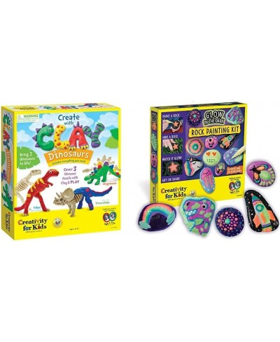 Create with Clay Dinosaurs - Build 3 Dinosaur Figures with Modeling Clay & Glow in The Dark Rock Painting Kit - Paint 10 Rock...