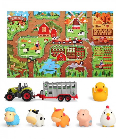 Farm Animals Transporter Tractor Carrier w/ 47.2 x 31.5 in Mat Barnyard Animal Happy Farm Children Playmat for 3 4 5 6 Year O...