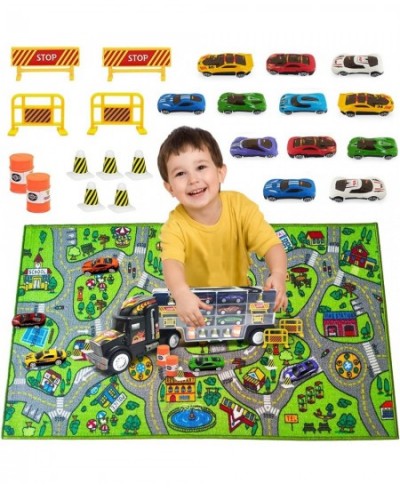 Toy Truck Transport Car Carrier Truck Includes 12 Toy Cars & Accessories 28 Car Slots Bundle with Kids Playmat Car Road Rug C...