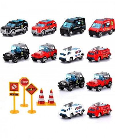 17PCS Mini Police Car Toys for Boys 3-5 Die Cast Metal Toy Police Car Set Fire Trucks Including 5 Road Signs Kid Birthday Par...