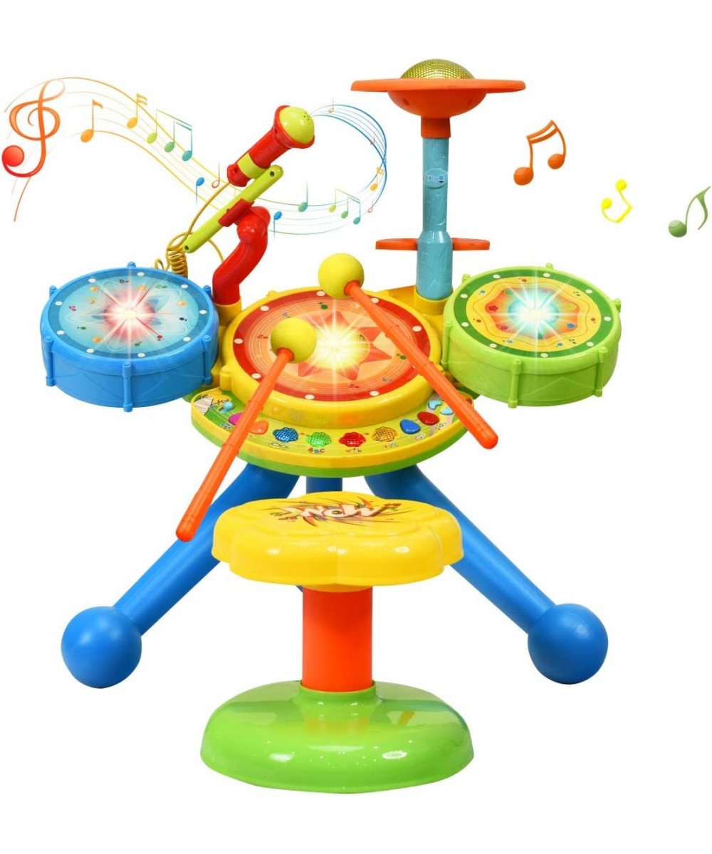 2-in-1 Kids Electronic Musical Toy Drum Set with Microphone and Chair Spanish & English Bilingual Electronic Jazz Drum Set Su...